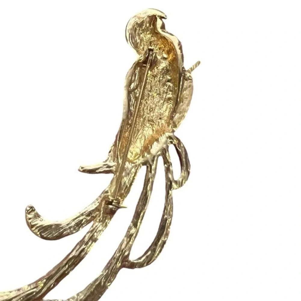 Large Bird‎ of Paradise Brooch Gold Tone Enamel Rhinestones Parrot Bird Colorful
